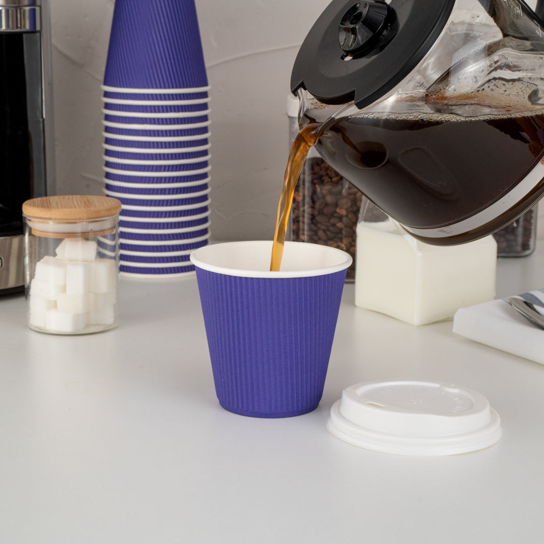 Restpresso 8 oz Royal Purple Paper Ripple Wall Coffee Cup - with White Lid - 3 1/2" x 3 1/2" x 4" - 400 count box