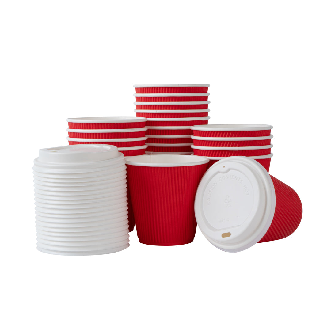 Restpresso 8 oz Red Paper Ripple Wall Coffee Cup - with White Lid - 3 1/2" x 3 1/2" x 4" - 400 count box