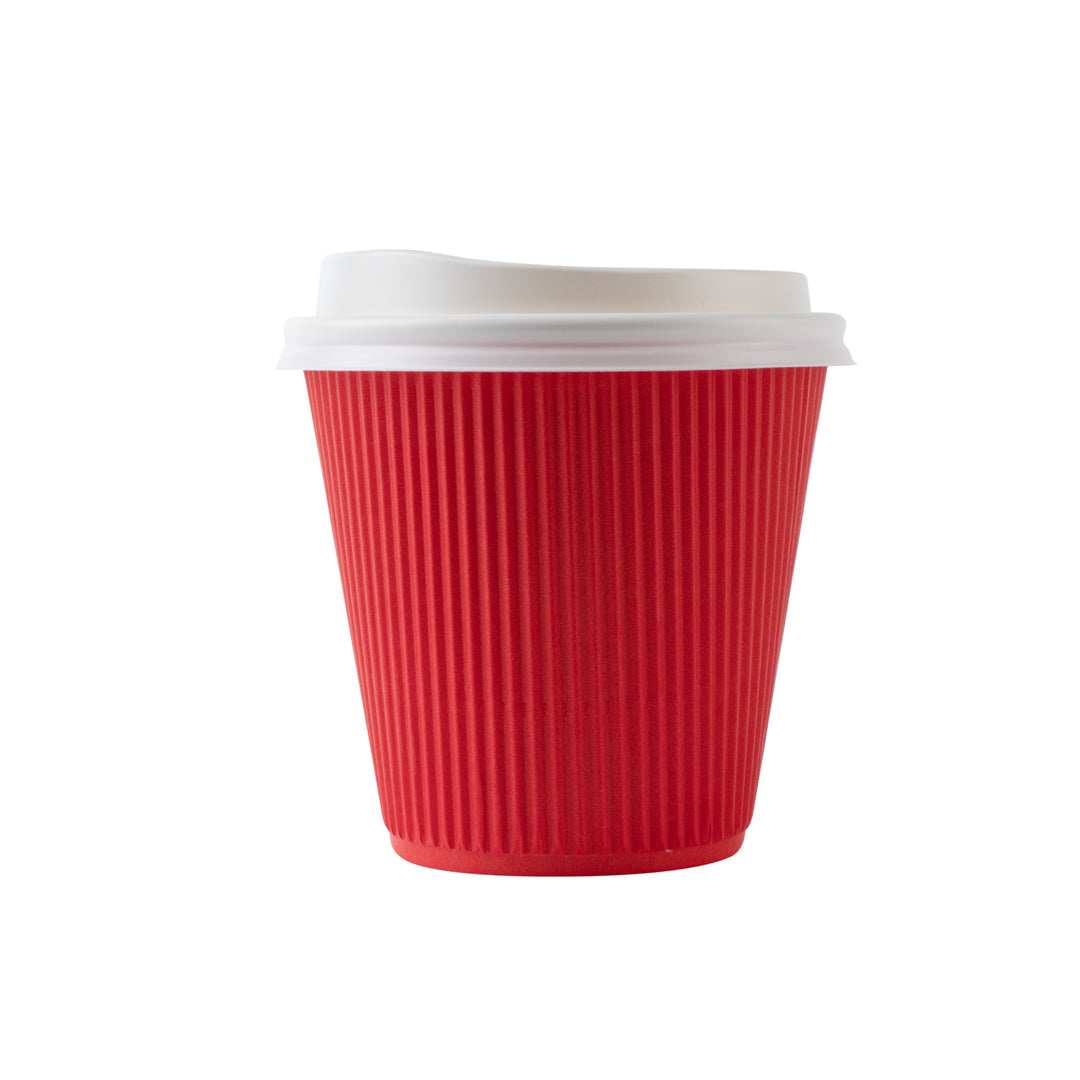 Restpresso 8 oz Red Paper Ripple Wall Coffee Cup - with White Lid - 3 1/2" x 3 1/2" x 4" - 20 count box