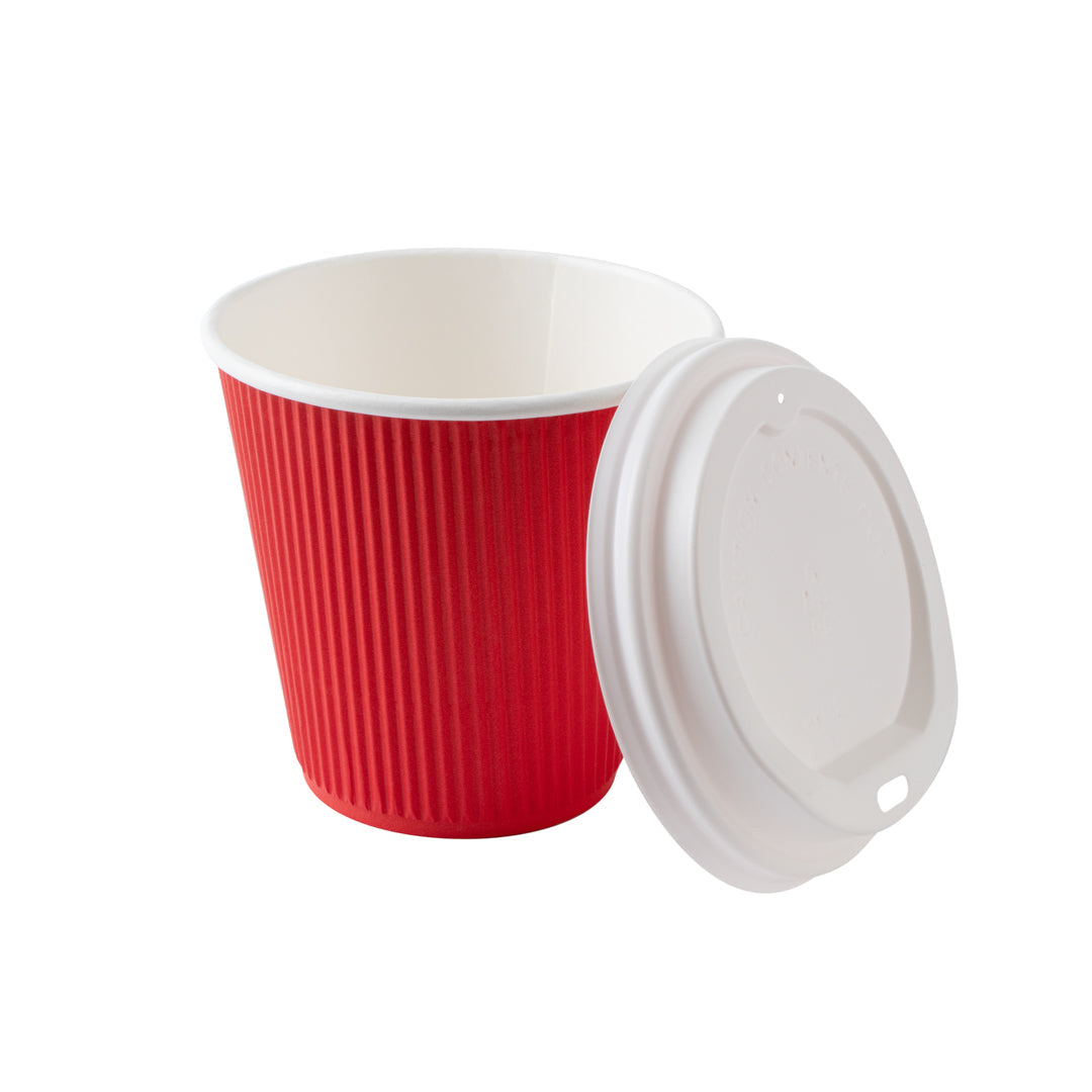 Restpresso 8 oz Red Paper Ripple Wall Coffee Cup - with White Lid - 3 1/2" x 3 1/2" x 4" - 20 count box