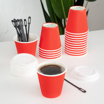 Restpresso 8 oz Red Paper Ripple Wall Coffee Cup - with White Lid - 3 1/2" x 3 1/2" x 4" - 20 count box
