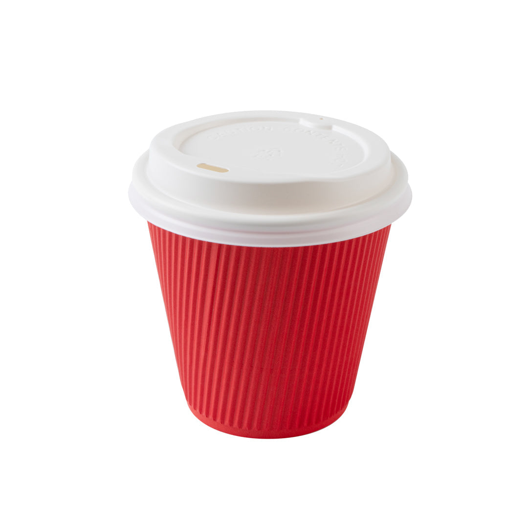 Restpresso 8 oz Red Paper Ripple Wall Coffee Cup - with White Lid - 3 1/2" x 3 1/2" x 4" - 400 count box