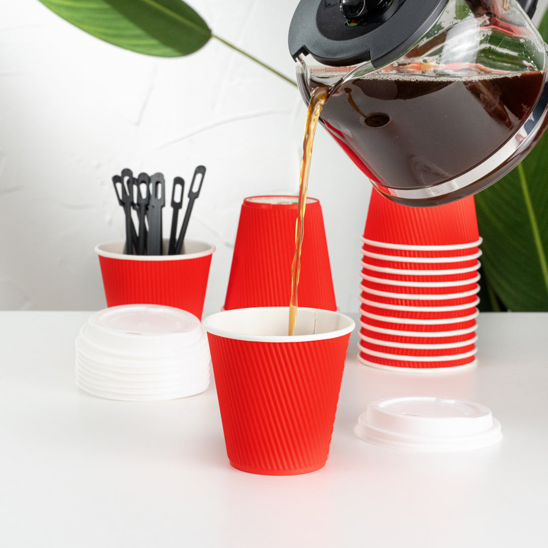 Restpresso 8 oz Red Paper Ripple Wall Coffee Cup - with White Lid - 3 1/2" x 3 1/2" x 4" - 400 count box