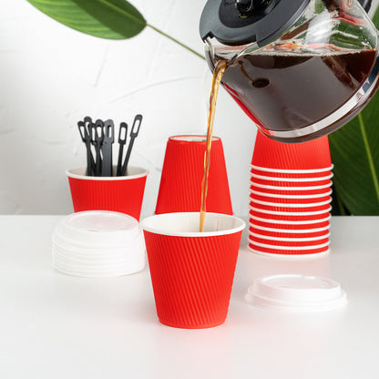 Restpresso 8 oz Red Paper Ripple Wall Coffee Cup - with White Lid - 3 1/2" x 3 1/2" x 4" - 400 count box