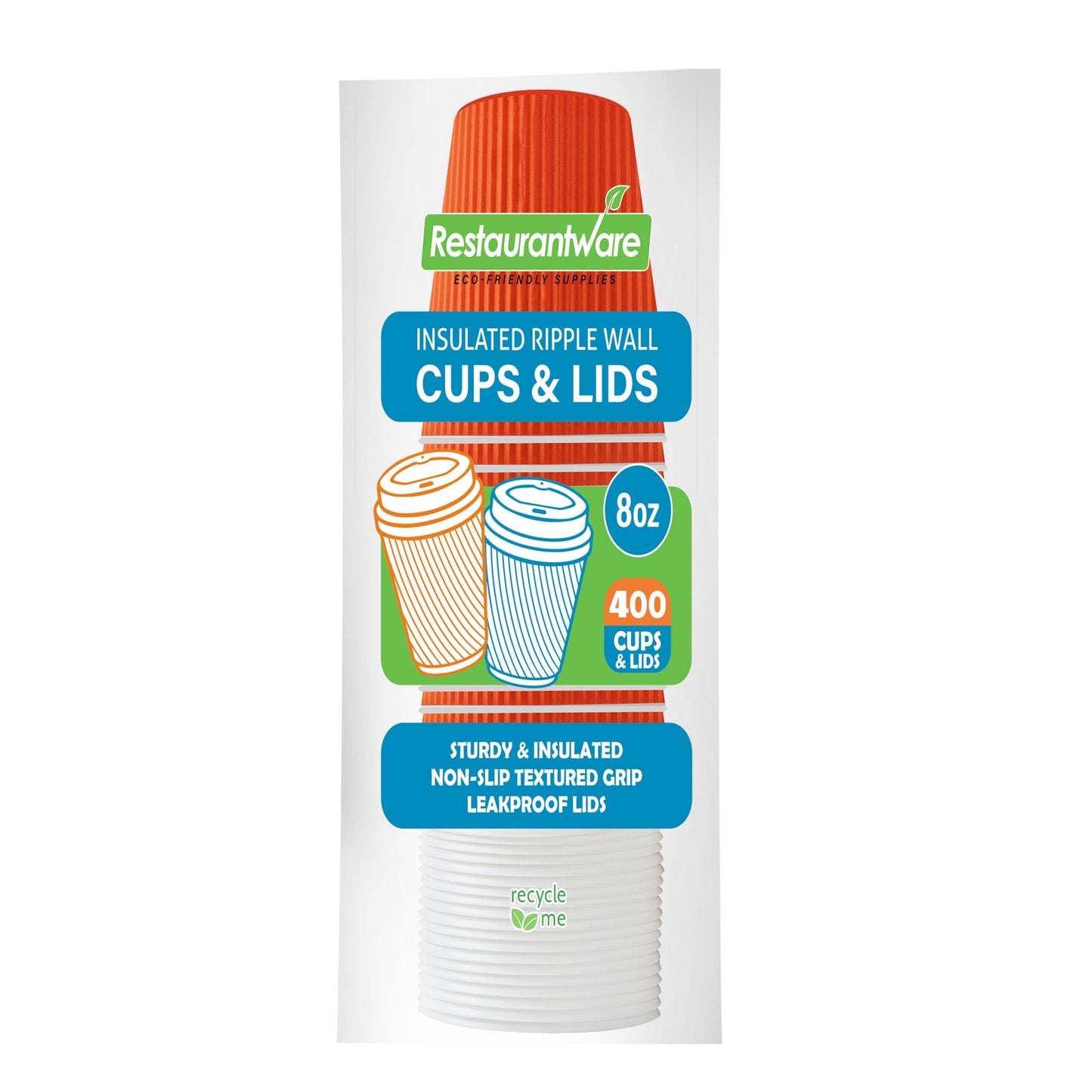 Restpresso 8 oz Tangerine Orange Paper Ripple Wall Coffee Cup - with White Lid - 3 1/2" x 3 1/2" x 4" - 400 count box