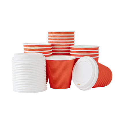 Restpresso 8 oz Tangerine Orange Paper Ripple Wall Coffee Cup - with White Lid - 3 1/2" x 3 1/2" x 4" - 20 count box