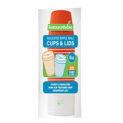 Restpresso 8 oz Tangerine Orange Paper Ripple Wall Coffee Cup - with White Lid - 3 1/2" x 3 1/2" x 4" - 20 count box