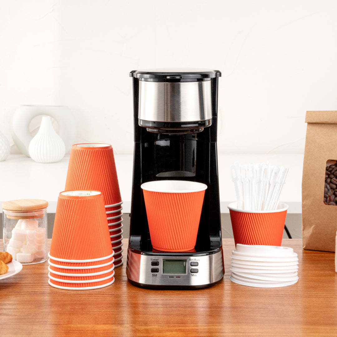 Restpresso 8 oz Tangerine Orange Paper Ripple Wall Coffee Cup - with White Lid - 3 1/2" x 3 1/2" x 4" - 20 count box