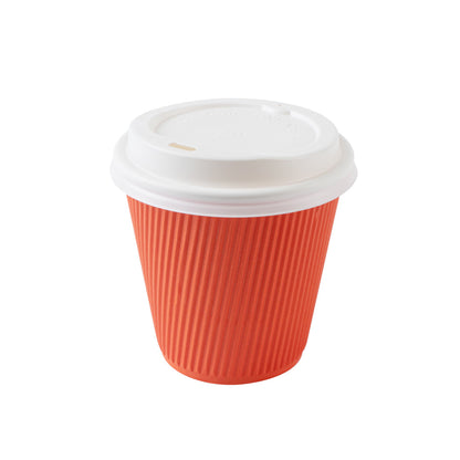 Restpresso 8 oz Tangerine Orange Paper Ripple Wall Coffee Cup - with White Lid - 3 1/2" x 3 1/2" x 4" - 20 count box