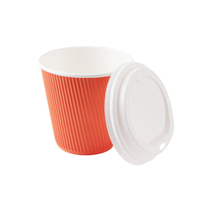 Restpresso 8 oz Tangerine Orange Paper Ripple Wall Coffee Cup - with White Lid - 3 1/2" x 3 1/2" x 4" - 400 count box