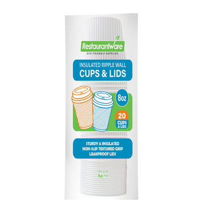 Restpresso 8 oz White Paper Ripple Wall Coffee Cup - with White Lid - 3 1/2" x 3 1/2" x 4" - 20 count box