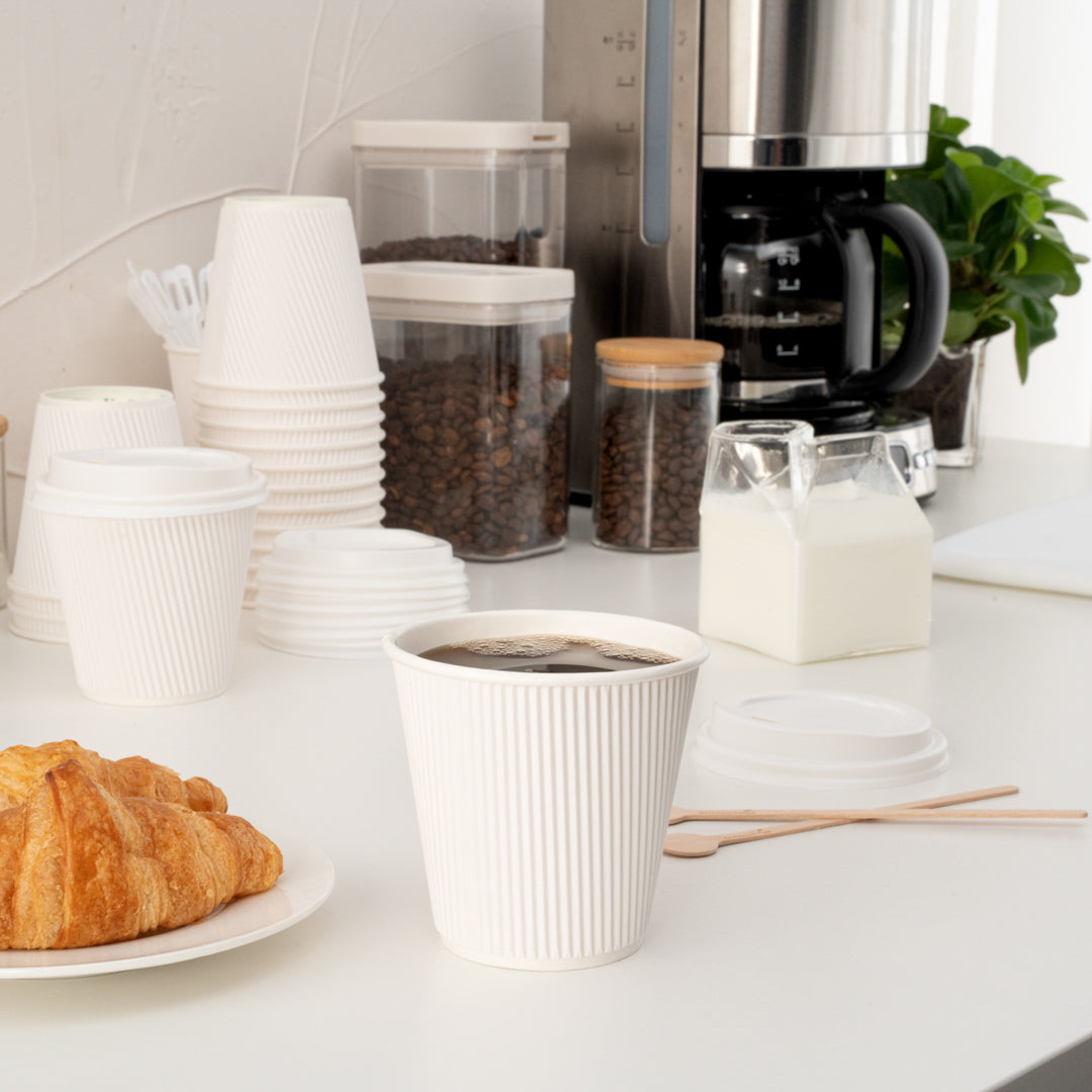 Restpresso 8 oz White Paper Ripple Wall Coffee Cup - with White Lid - 3 1/2" x 3 1/2" x 4" - 20 count box