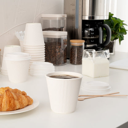 Restpresso 8 oz White Paper Ripple Wall Coffee Cup - with White Lid - 3 1/2" x 3 1/2" x 4" - 20 count box