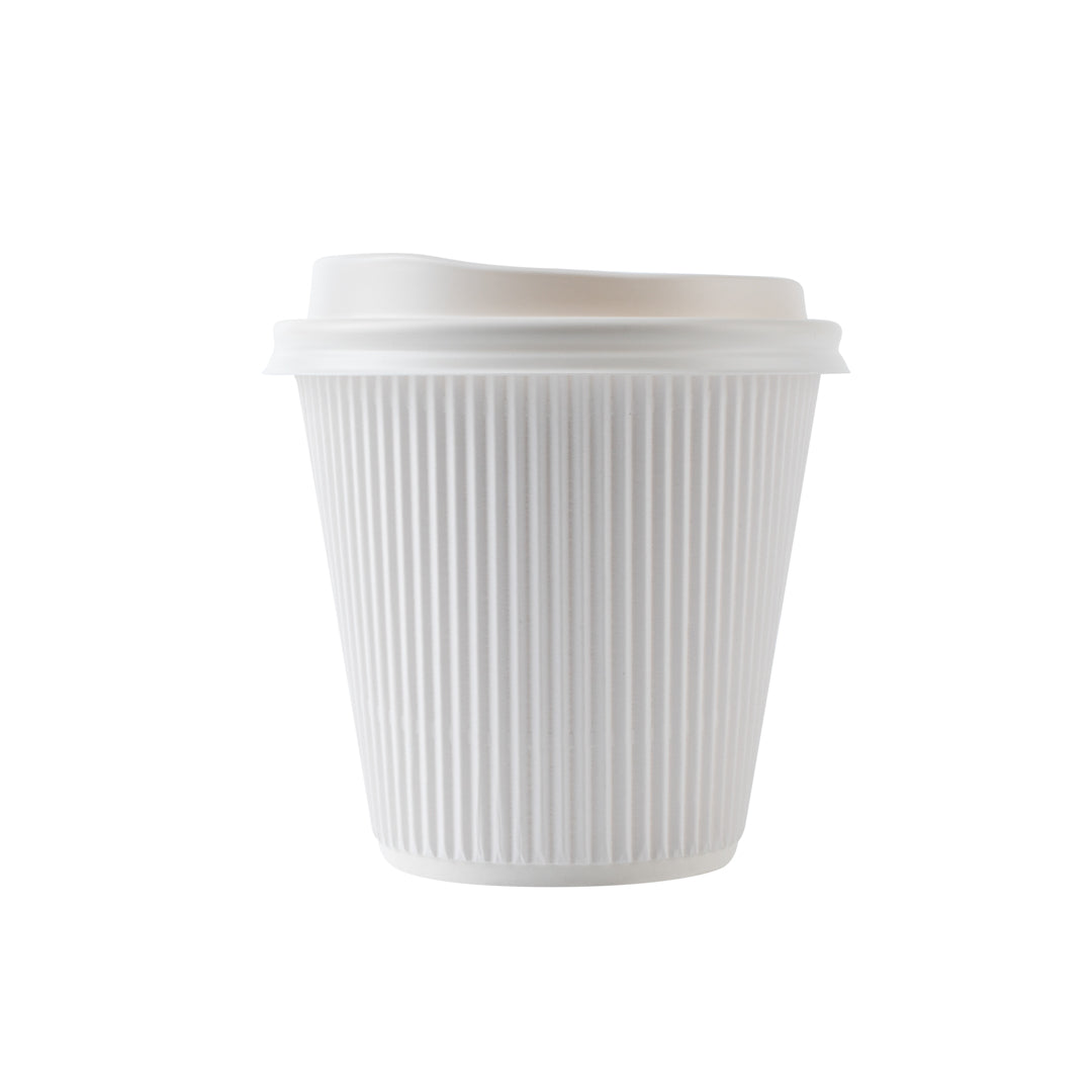 Restpresso 8 oz White Paper Ripple Wall Coffee Cup - with White Lid - 3 1/2" x 3 1/2" x 4" - 20 count box