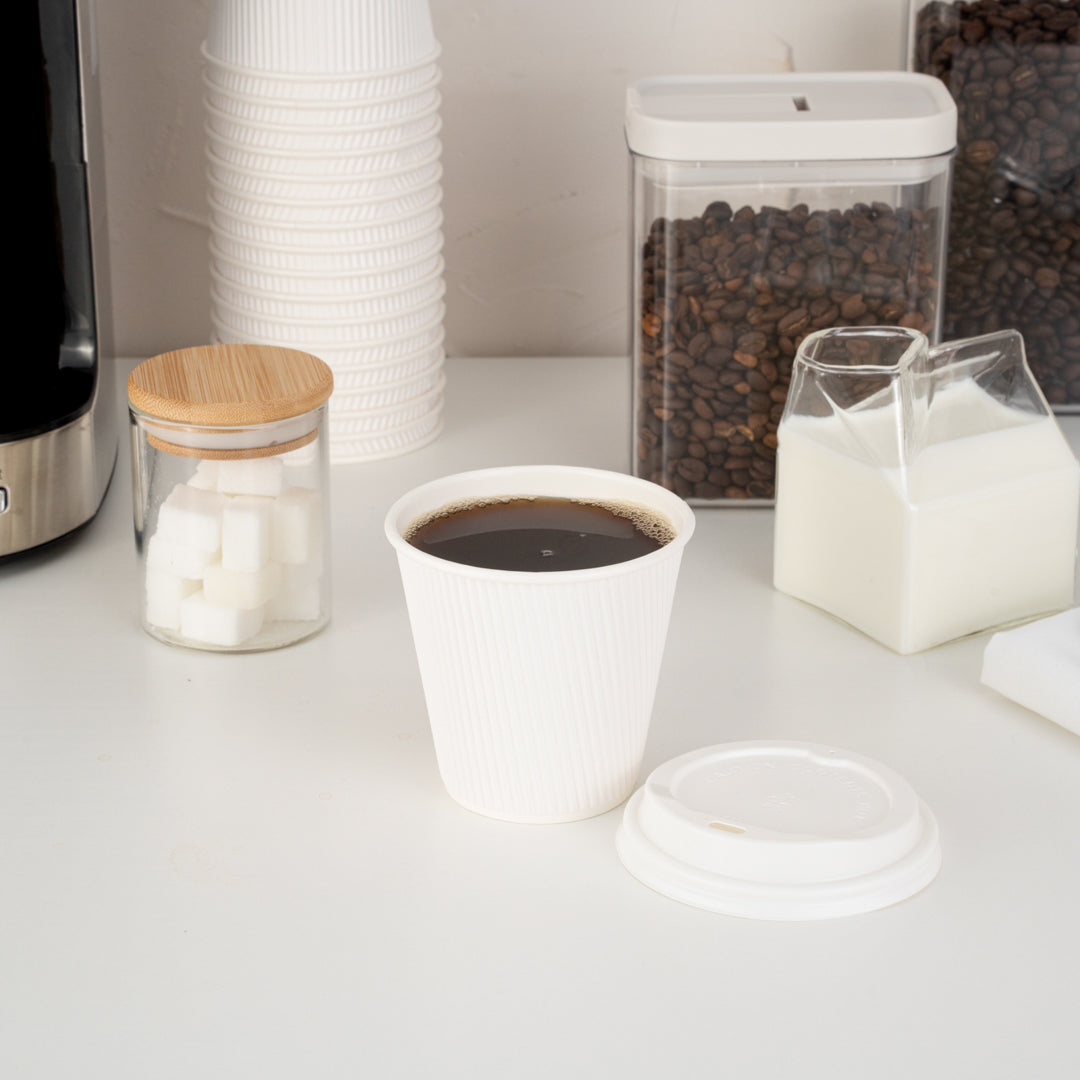 Restpresso 8 oz White Paper Ripple Wall Coffee Cup - with White Lid - 3 1/2" x 3 1/2" x 4" - 20 count box