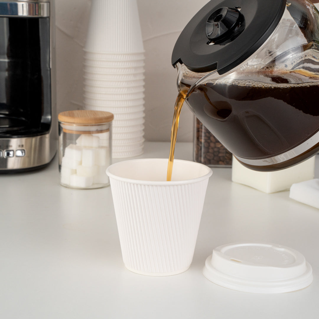 Restpresso 8 oz White Paper Ripple Wall Coffee Cup - with White Lid - 3 1/2" x 3 1/2" x 4" - 20 count box