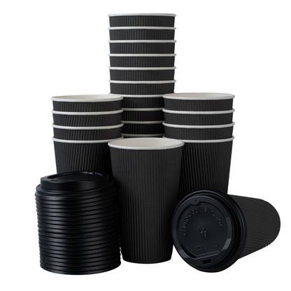 Restpresso 16 oz Black Paper Ripple Wall Coffee Cup - with Black Lid - 3 1/2" x 3 1/2" x 6 1/4" - 200 count box