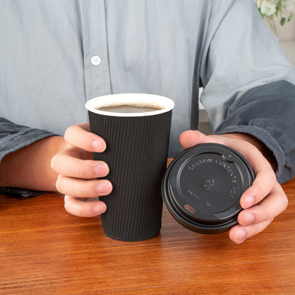 Restpresso 16 oz Black Paper Ripple Wall Coffee Cup - with Black Lid - 3 1/2" x 3 1/2" x 6 1/4" - 20 count box