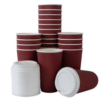 Restpresso 16 oz Crimson Paper Ripple Wall Coffee Cup - with White Lid - 3 1/2" x 3 1/2" x 6 1/4" - 200 count box