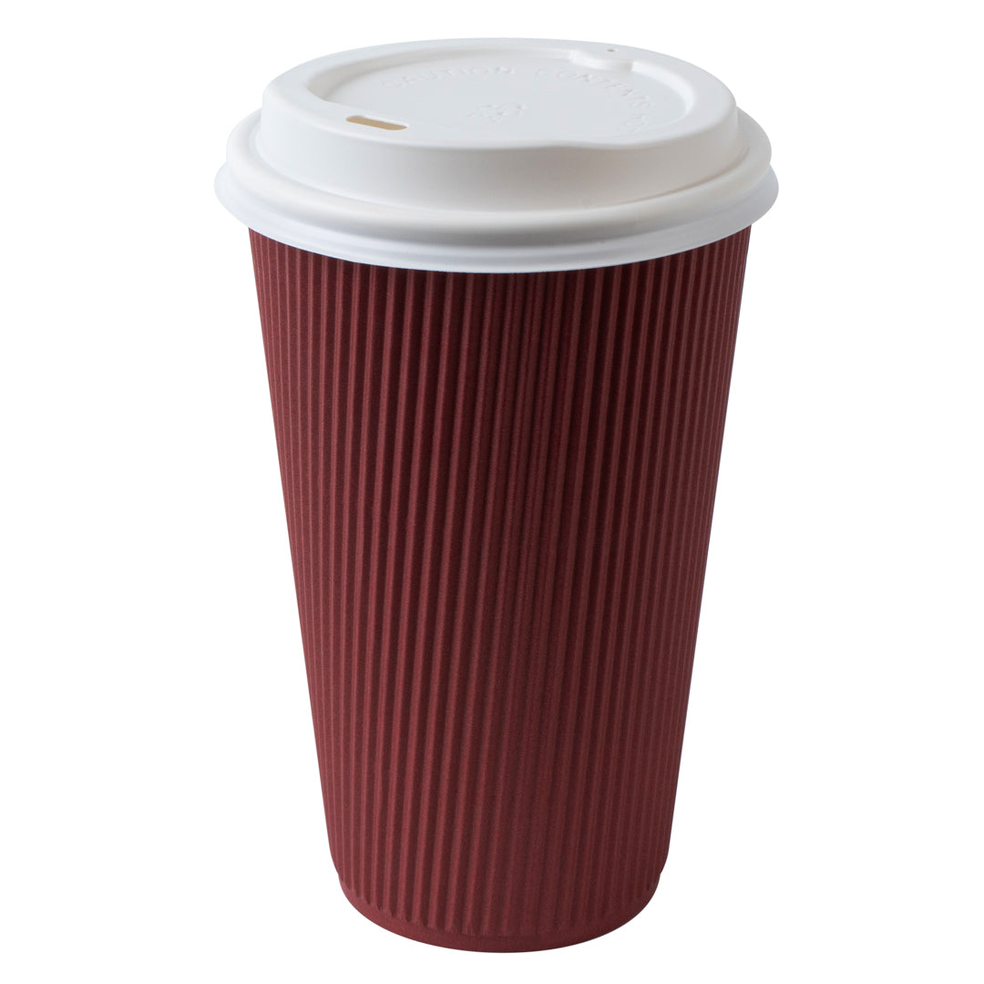 Restpresso 16 oz Crimson Paper Ripple Wall Coffee Cup - with White Lid - 3 1/2" x 3 1/2" x 6 1/4" - 200 count box