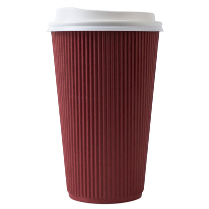 Restpresso 16 oz Crimson Paper Ripple Wall Coffee Cup - with White Lid - 3 1/2" x 3 1/2" x 6 1/4" - 200 count box