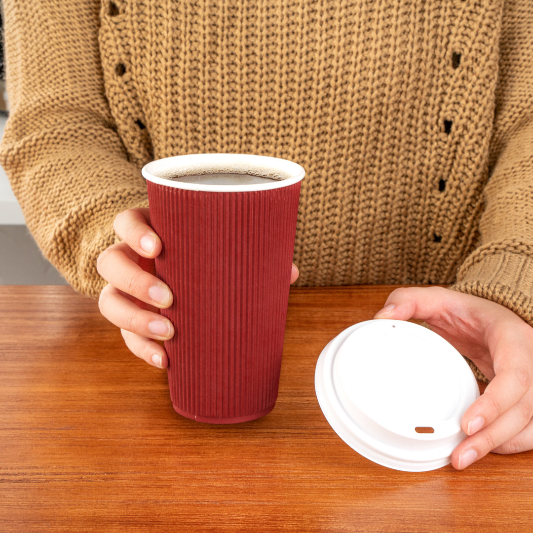 Restpresso 16 oz Crimson Paper Ripple Wall Coffee Cup - with White Lid - 3 1/2" x 3 1/2" x 6 1/4" - 200 count box