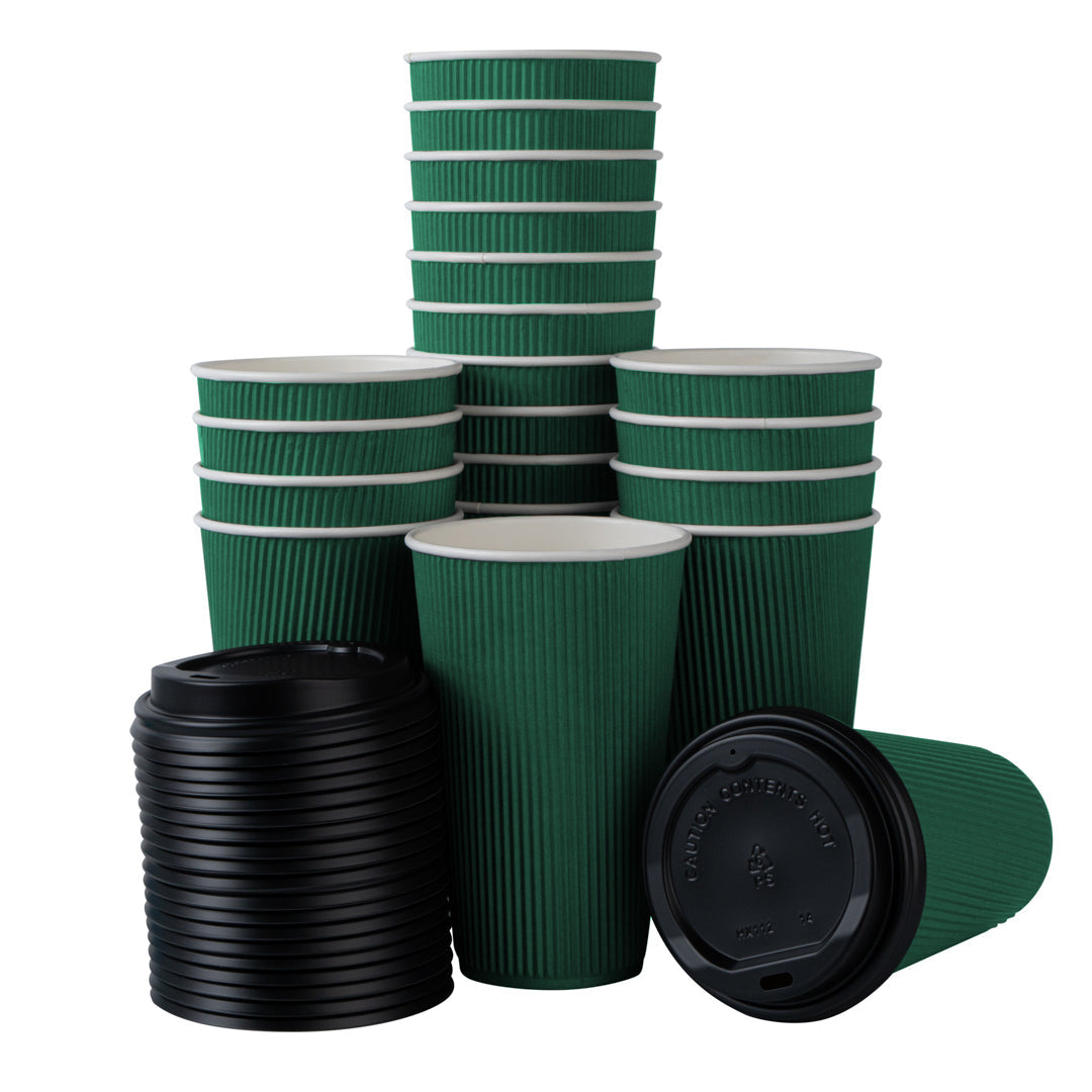 Restpresso 16 oz Forest Green Paper Ripple Wall Coffee Cup - with Black Lid - 3 1/2" x 3 1/2" x 6 1/4" - 20 count box