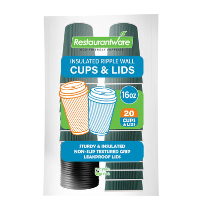 Restpresso 16 oz Forest Green Paper Ripple Wall Coffee Cup - with Black Lid - 3 1/2" x 3 1/2" x 6 1/4" - 20 count box