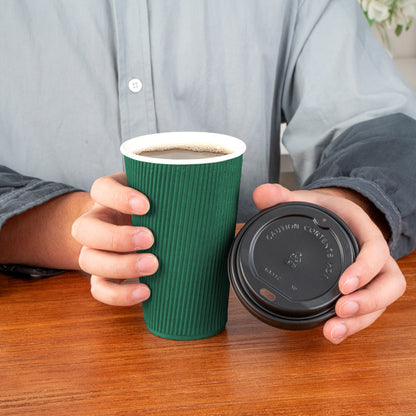 Restpresso 16 oz Forest Green Paper Ripple Wall Coffee Cup - with Black Lid - 3 1/2" x 3 1/2" x 6 1/4" - 20 count box