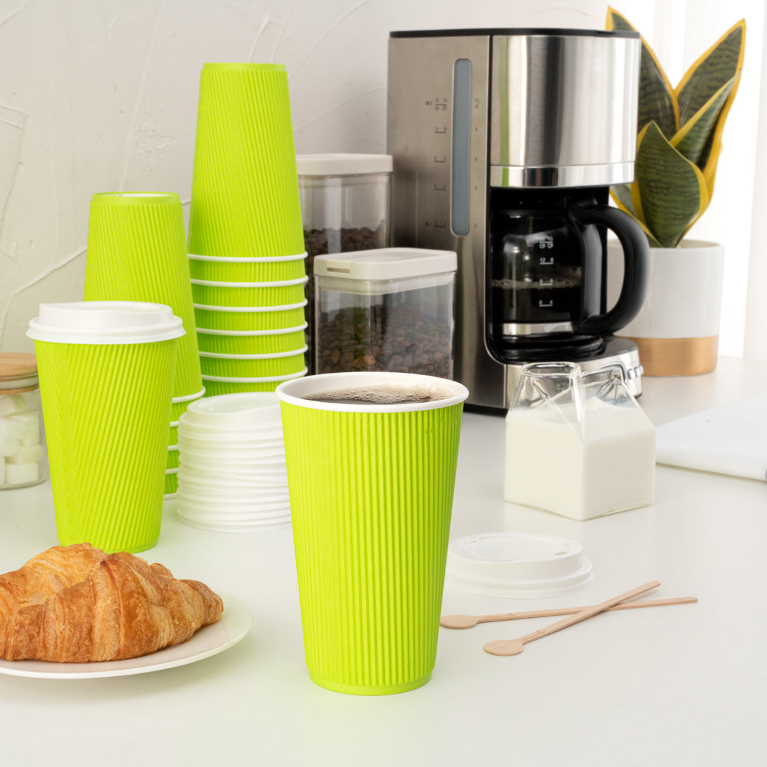 Restpresso 16 oz Eco Green Paper Ripple Wall Coffee Cup - with White Lid - 3 1/2" x 3 1/2" x 6 1/4" - 200 count box