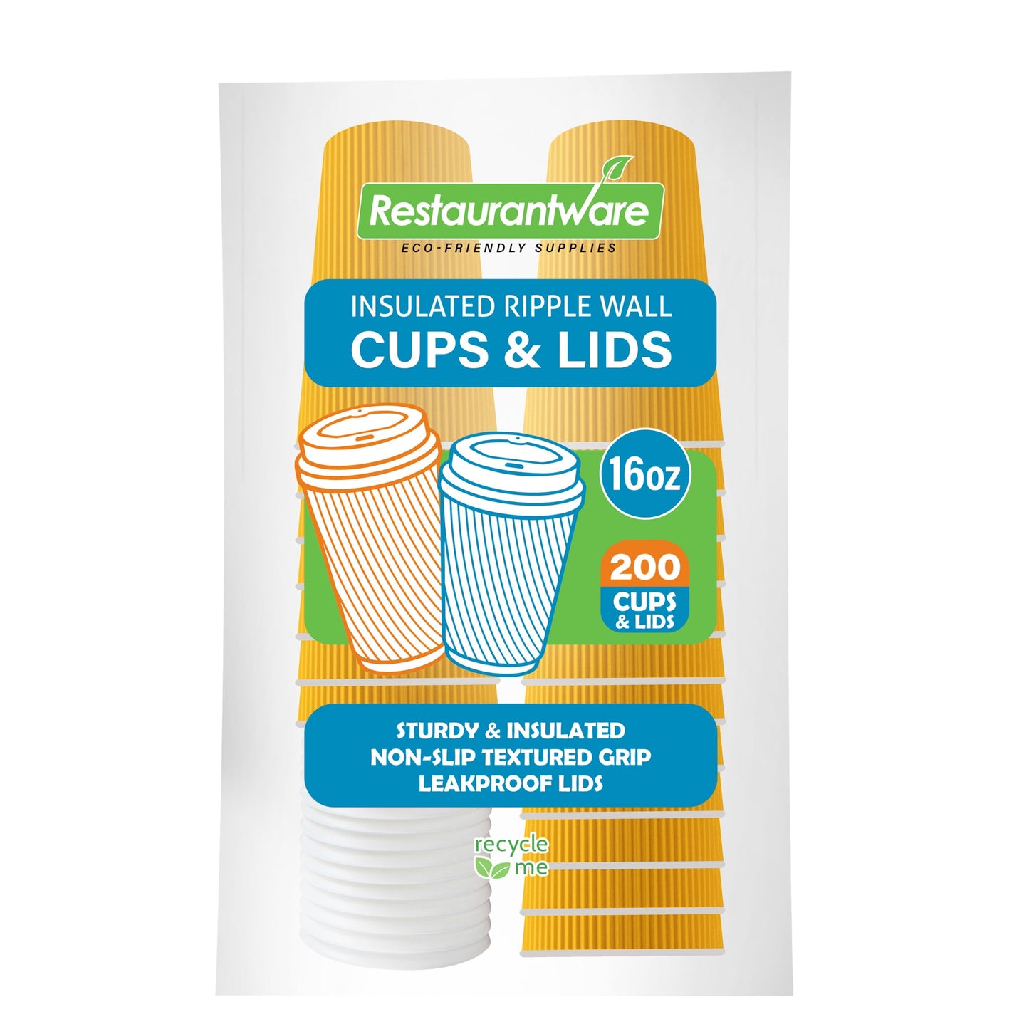 Restpresso 16 oz Yellow Paper Ripple Wall Coffee Cup - with White Lid - 3 1/2" x 3 1/2" x 6 1/4" - 200 count box