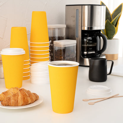 Restpresso 16 oz Yellow Paper Ripple Wall Coffee Cup - with White Lid - 3 1/2" x 3 1/2" x 6 1/4" - 20 count box