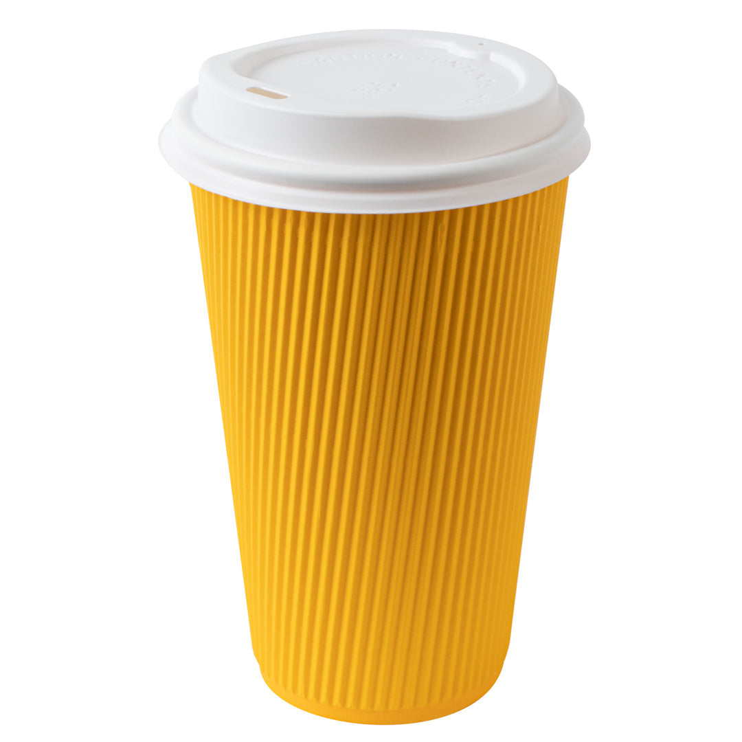 Restpresso 16 oz Yellow Paper Ripple Wall Coffee Cup - with White Lid - 3 1/2" x 3 1/2" x 6 1/4" - 200 count box