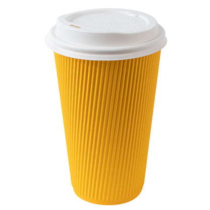 Restpresso 16 oz Yellow Paper Ripple Wall Coffee Cup - with White Lid - 3 1/2" x 3 1/2" x 6 1/4" - 200 count box