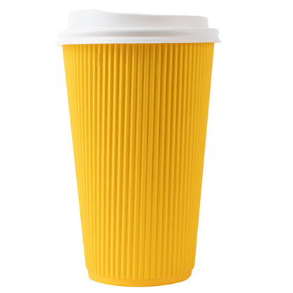 Restpresso 16 oz Yellow Paper Ripple Wall Coffee Cup - with White Lid - 3 1/2" x 3 1/2" x 6 1/4" - 200 count box