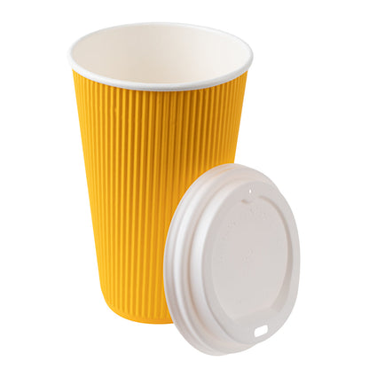 Restpresso 16 oz Yellow Paper Ripple Wall Coffee Cup - with White Lid - 3 1/2" x 3 1/2" x 6 1/4" - 200 count box