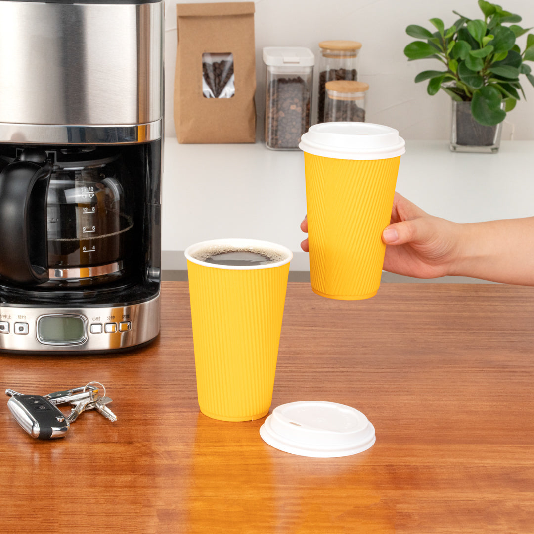 Restpresso 16 oz Yellow Paper Ripple Wall Coffee Cup - with White Lid - 3 1/2" x 3 1/2" x 6 1/4" - 200 count box