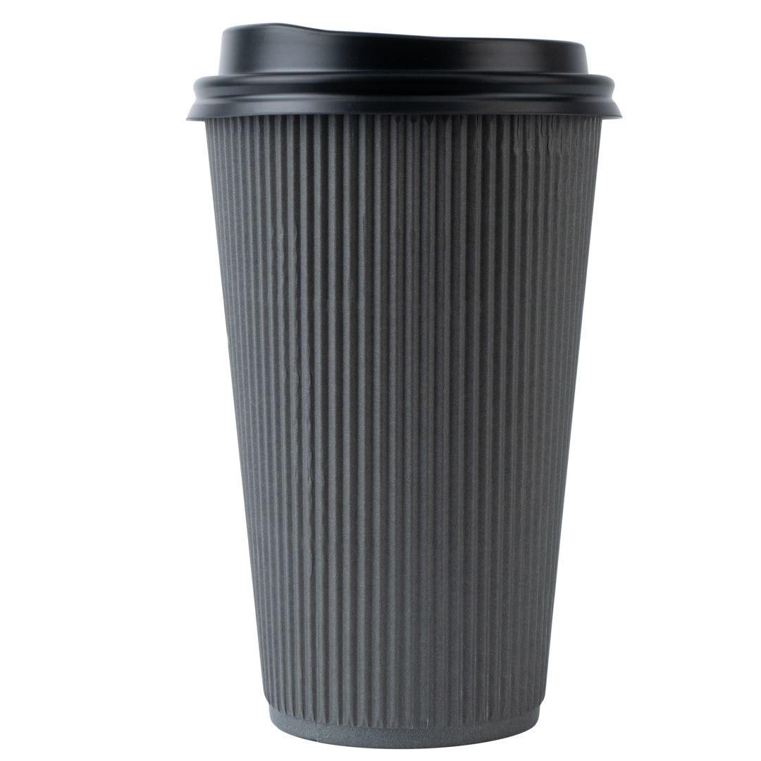 Restpresso 16 oz Gray Paper Ripple Wall Coffee Cup - with Black Lid - 3 1/2" x 3 1/2" x 6 1/4" - 20 count box