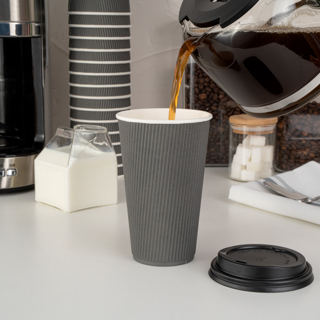 Restpresso 16 oz Gray Paper Ripple Wall Coffee Cup - with Black Lid - 3 1/2" x 3 1/2" x 6 1/4" - 200 count box