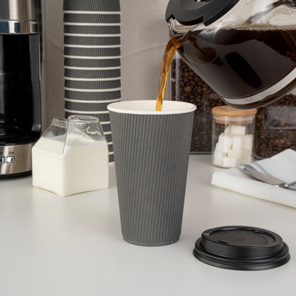 Restpresso 16 oz Gray Paper Ripple Wall Coffee Cup - with Black Lid - 3 1/2" x 3 1/2" x 6 1/4" - 200 count box