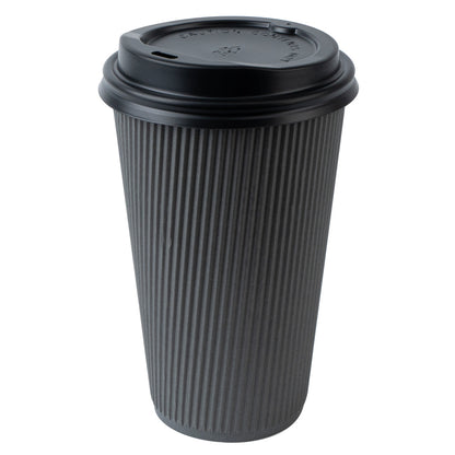 Restpresso 16 oz Gray Paper Ripple Wall Coffee Cup - with Black Lid - 3 1/2" x 3 1/2" x 6 1/4" - 200 count box