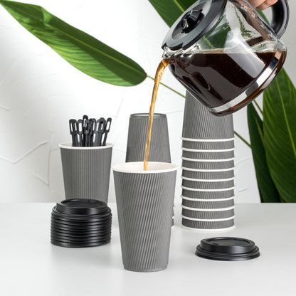Restpresso 16 oz Gray Paper Ripple Wall Coffee Cup - with Black Lid - 3 1/2" x 3 1/2" x 6 1/4" - 200 count box