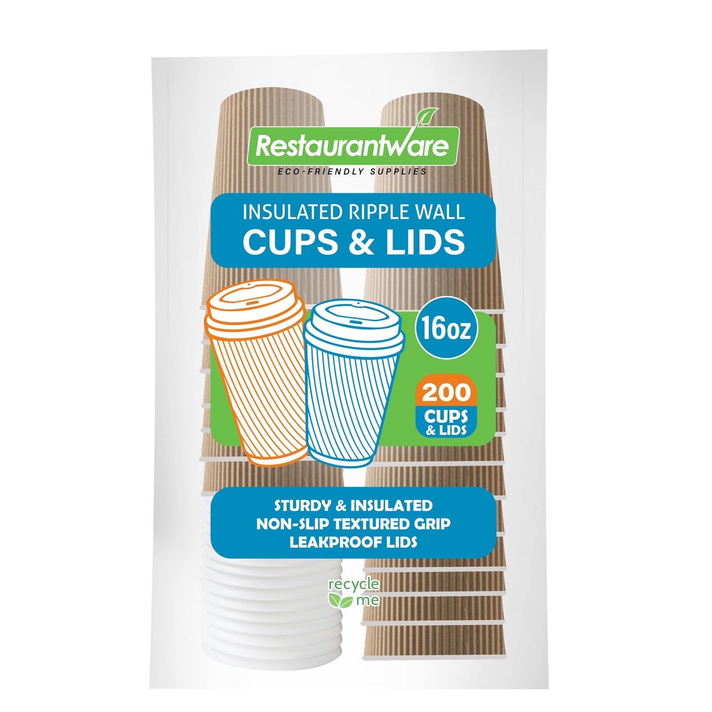 Restpresso 16 oz Kraft Paper Ripple Wall Coffee Cup - with White Lid - 3 1/2" x 3 1/2" x 6 1/4" - 200 count box