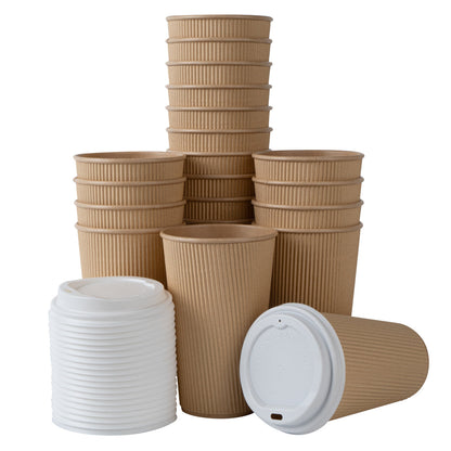 Restpresso 16 oz Kraft Paper Ripple Wall Coffee Cup - with White Lid - 3 1/2" x 3 1/2" x 6 1/4" - 20 count box