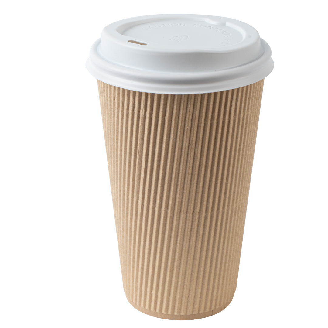 Restpresso 16 oz Kraft Paper Ripple Wall Coffee Cup - with White Lid - 3 1/2" x 3 1/2" x 6 1/4" - 20 count box