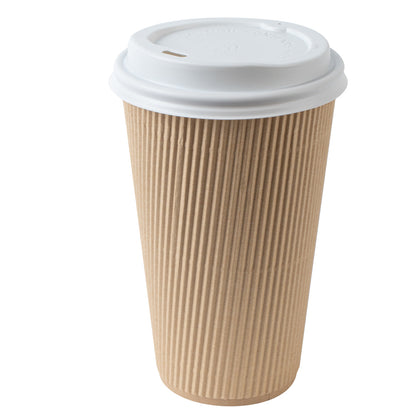 Restpresso 16 oz Kraft Paper Ripple Wall Coffee Cup - with White Lid - 3 1/2" x 3 1/2" x 6 1/4" - 20 count box