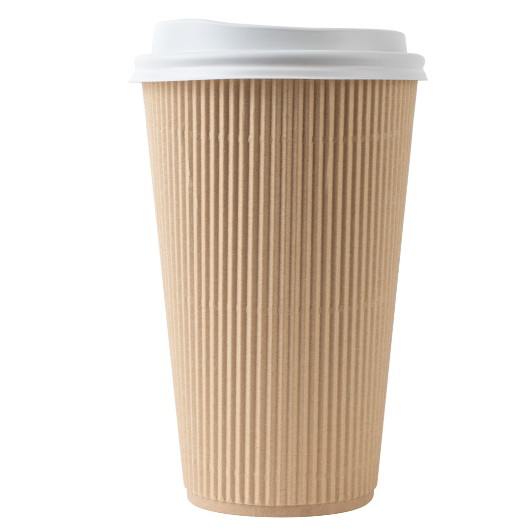 Restpresso 16 oz Kraft Paper Ripple Wall Coffee Cup - with White Lid - 3 1/2" x 3 1/2" x 6 1/4" - 200 count box