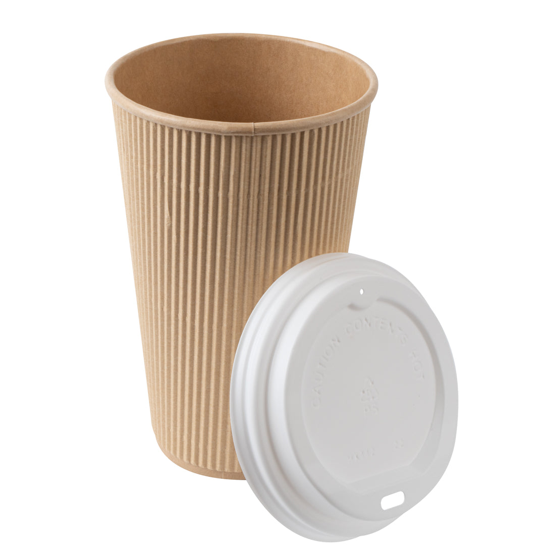 Restpresso 16 oz Kraft Paper Ripple Wall Coffee Cup - with White Lid - 3 1/2" x 3 1/2" x 6 1/4" - 200 count box