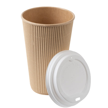Restpresso 16 oz Kraft Paper Ripple Wall Coffee Cup - with White Lid - 3 1/2" x 3 1/2" x 6 1/4" - 200 count box
