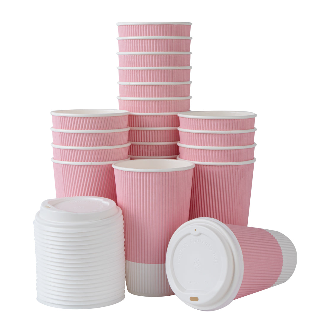 Restpresso 16 oz Light Pink Paper Ripple Wall Coffee Cup - with White Lid - 3 1/2" x 3 1/2" x 6 1/4" - 200 count box